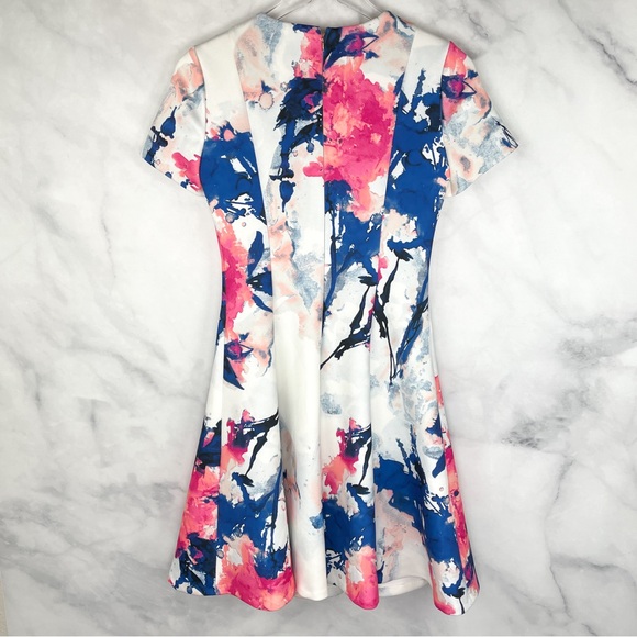 DKNY Floral High Neck Scuba Fit & Flare Short Sleeved Knee Length Midi Dress 2 - Picture 3 of 8